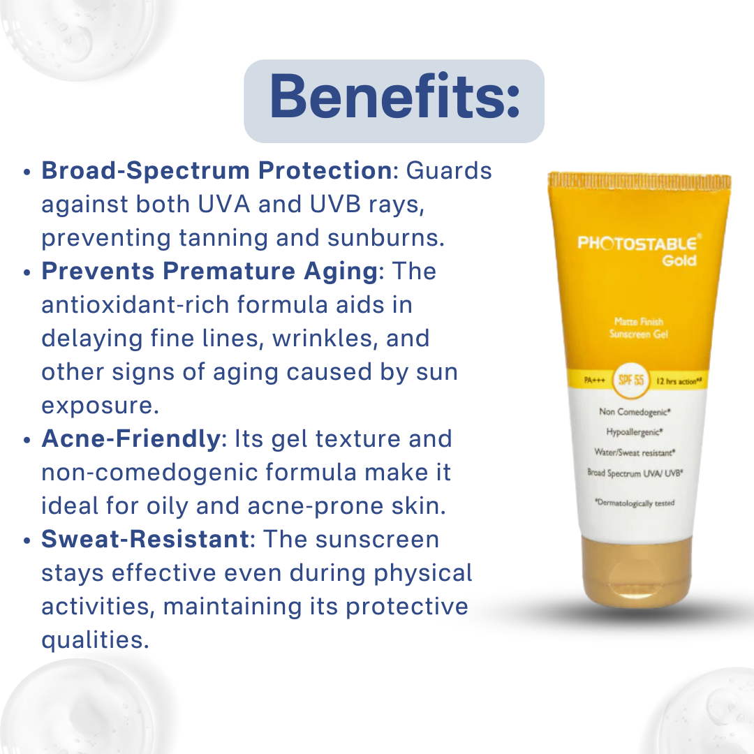 Photostable Gold Matte Finish Sunscreen Gel | PA+++ SPF 55 | 50 gm